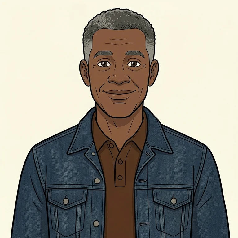 2D illustrated Black Gen X man with gray hair and denim jacket
